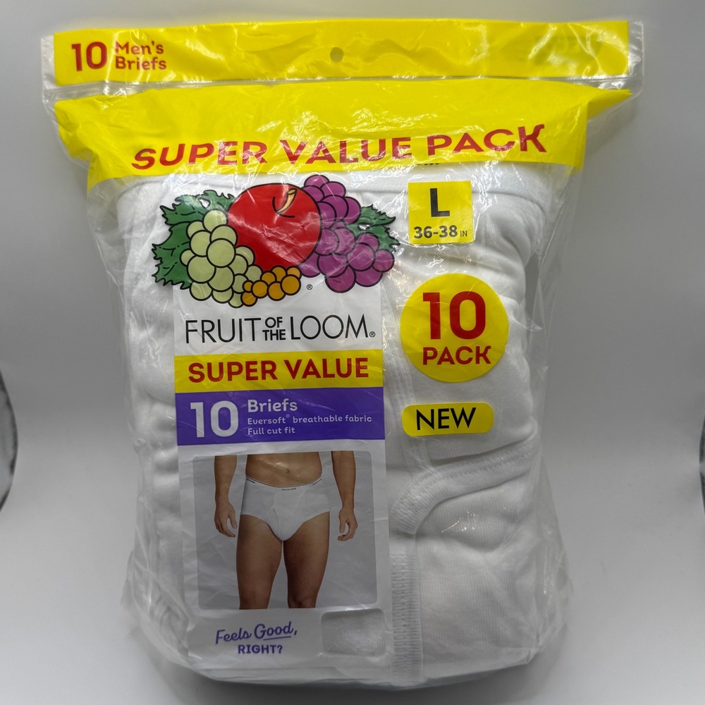 Fruit of the Loom Mens Briefs 10 Pack White Eversoft Full Cut Fit Large 36-38 L